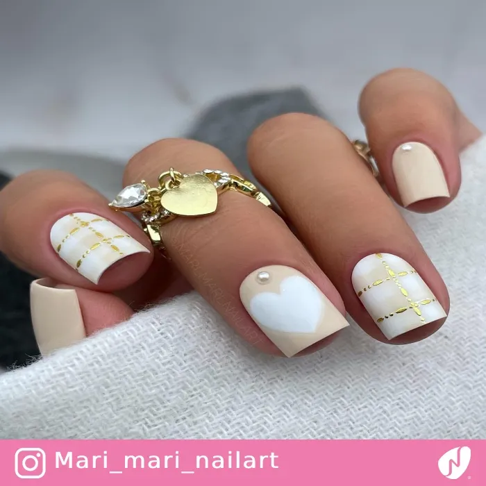 White and Coffee Beige Heart Nails